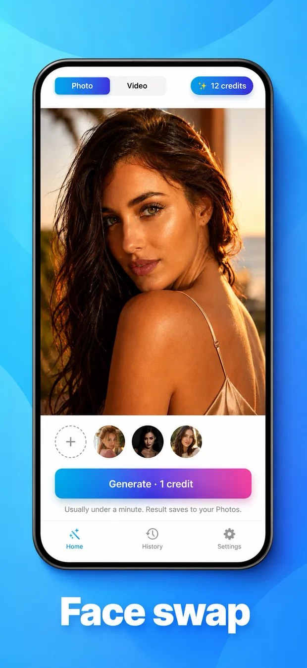 AnyFace home screen — choose a saved face, then tap Generate
