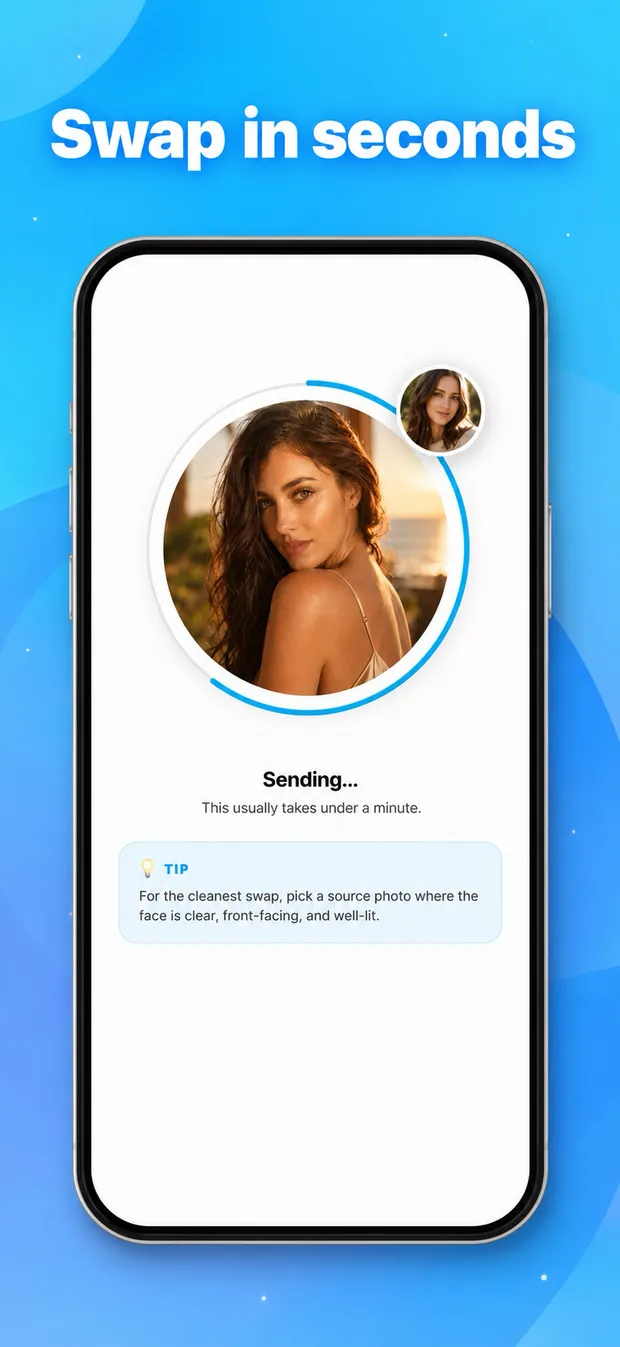 AnyFace generating a face swap — usually under a minute